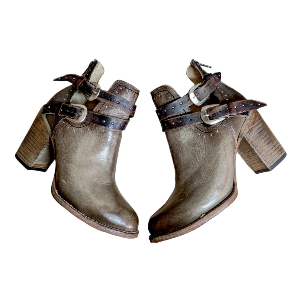 Freebird Lion Rainbow Booties 9 Taupe Brown Leather Strappy Studded Stack Heel - Picture 3 of 15